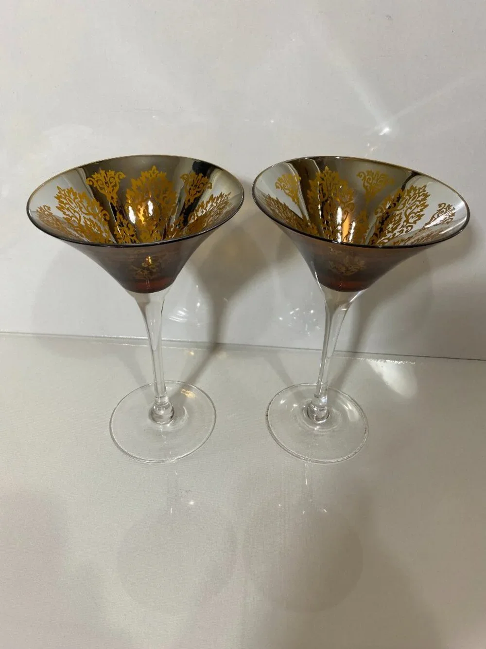 MCM Amber Gold Damask Martini Glasses Set of 2 Cocktail Glasses 8